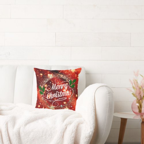 Merry Christmas Sparkling Red and Gold Design Throw Pillow