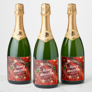Merry Christmas, Sparkling Red and Gold Design Wine Label