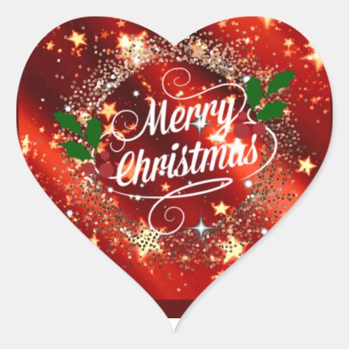 Merry Christmas Sparkling Red and Gold Heart Sticker