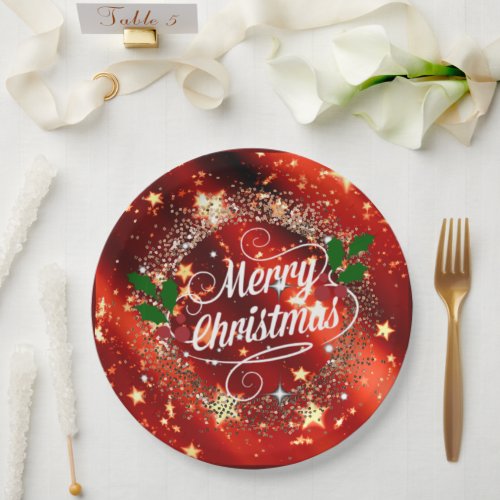 Merry Christmas Sparkling Red and Gold Paper Plates