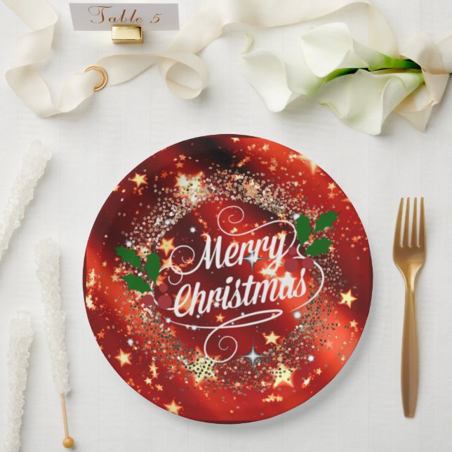 Merry Christmas, Sparkling Red and Gold, Paper Plates (Wedding)
