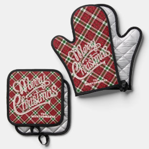 Merry Christmas Sparkly Plaid Oven Mitt & Pot Holder Set