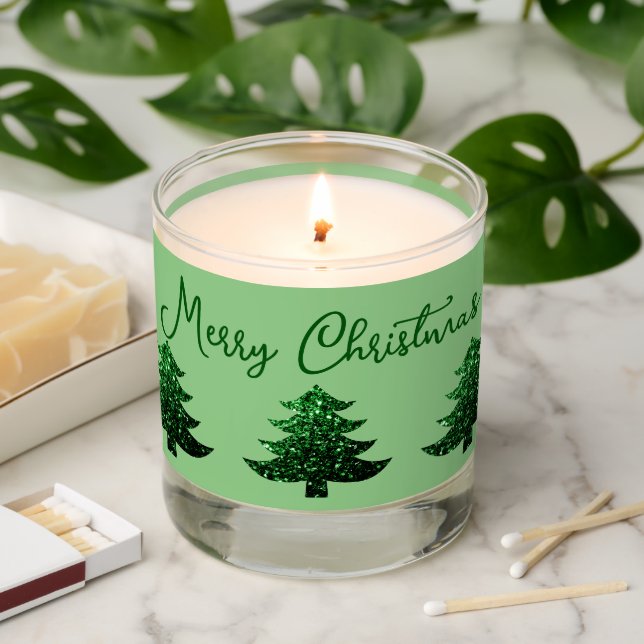 Merry Christmas Sparkly tree Your text sage green Scented Candle (Lit)