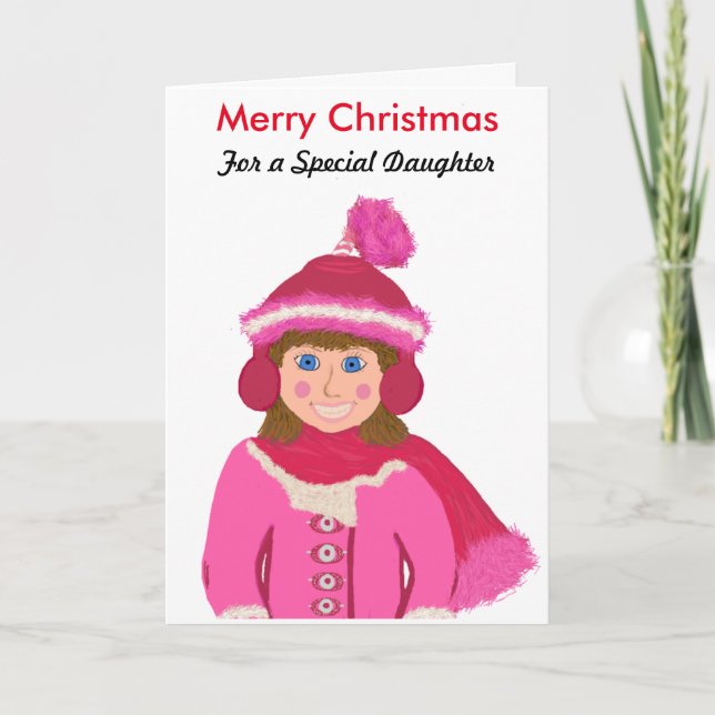 Merry Christmas Special Daughter Girl Pink Hat Holiday Card (Front)