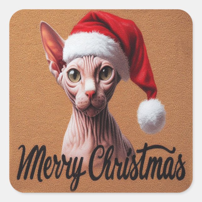 Merry Christmas Sphynx Cat, Xmas Santa Sphynx Square Sticker (Front)