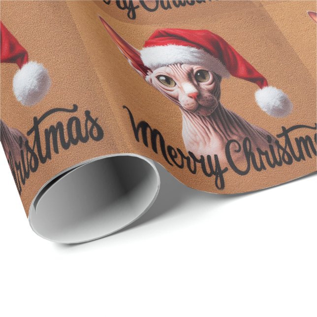Merry Christmas Sphynx Cat, Xmas Santa Sphynx Wrapping Paper (Roll Corner)