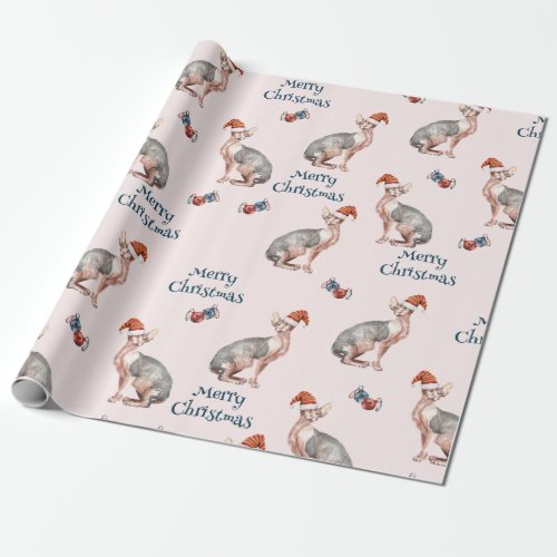 Merry Christmas Sphynx Hairless Cat Santa Hat Wrapping Paper