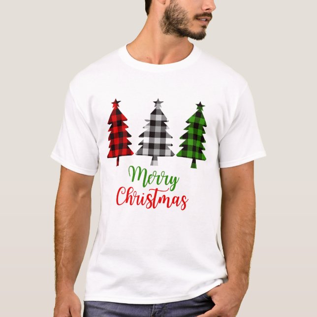 Merry Christmas Squad Plaid Red White Green Xmas T-Shirt (Front)