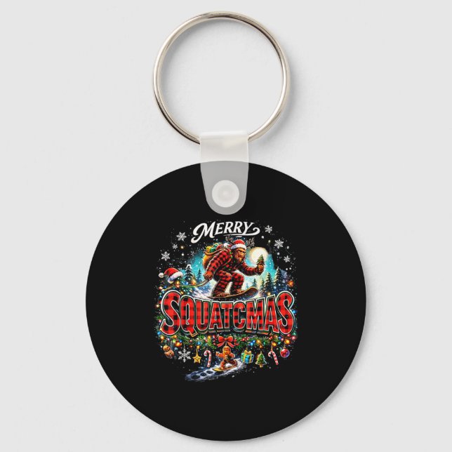 Merry Christmas Squatchmas Funny Bigfoot Snowboard Keychain (Front)