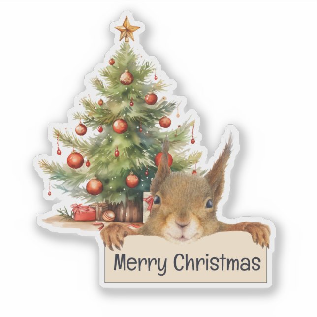 Merry Christmas Squirrel Christmas Tree Editable  Sticker (Front)