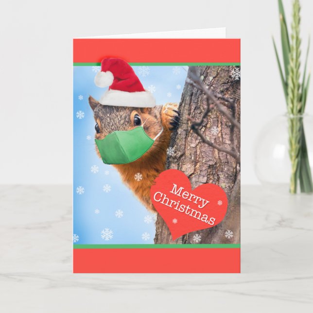 Merry Christmas Squirrel in Coronavirus Face Mask Holiday Card (Front)