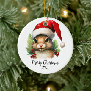 Merry Christmas Squirrel in Santa Hat Holly Custom Ceramic Ornament