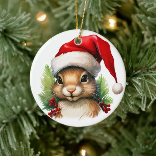 Merry Christmas Squirrel Santa Hat Holly Berries Ceramic Ornament