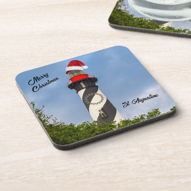 Merry Christmas St Augustine Florida Lighthouse  Beverage Coaster (Left Side)