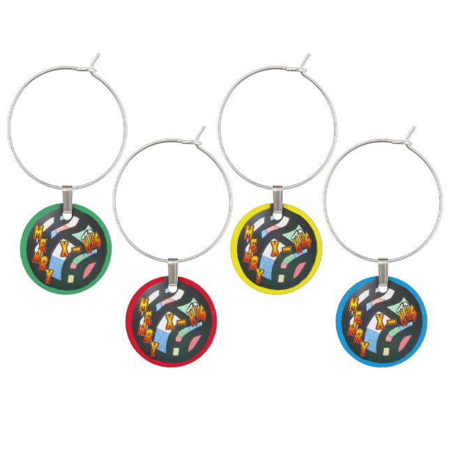 Merry Christmas Stained Glass Pattern Wine Charms (Staggered)