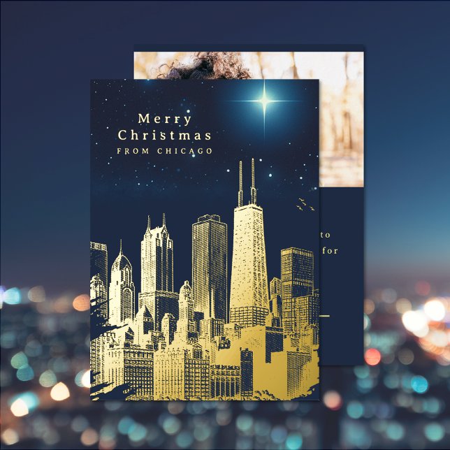 Merry Christmas Star Add Photo Foil Holiday Card (Merry Christmas Star Add Photo Foil Holiday Card (front and back))