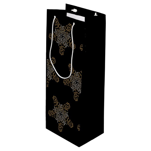 Merry Christmas Star Calligraphy on Black Wine Gift Bag (Front Angled)