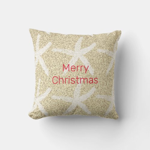 Merry Christmas Starfish Gold Red White Glittery Outdoor Pillow