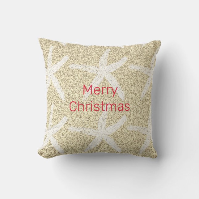 Merry Christmas Starfish Gold Red White Glittery Outdoor Pillow (Front)