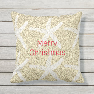 Merry Christmas Starfish Gold Red White Glittery Outdoor Pillow