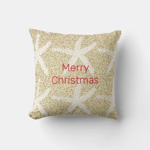 Merry Christmas Starfish Gold Red White Glittery Throw Pillow