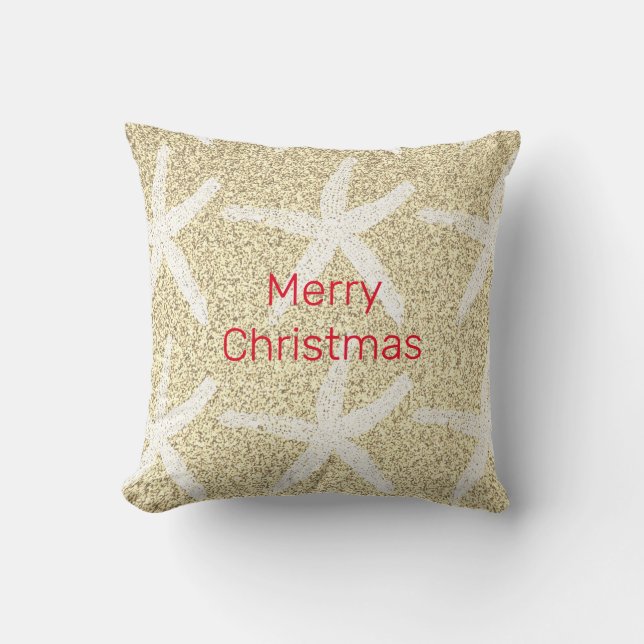 Merry Christmas Starfish Gold Red White Glittery Throw Pillow (Front)