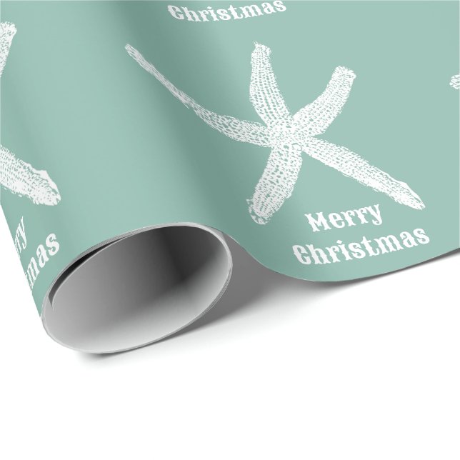 Merry Christmas Starfish Green Beach Trendy Custom Wrapping Paper (Roll Corner)
