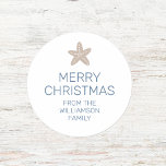 Merry Christmas Starfish Minimal Family White Classic Round Sticker<br><div class="desc">Merry Christmas Starfish Minimal Family White Classic Round Sticker. Personalize with your own text, colors, and or fonts. Shown in storm blue text on white with dark sand colored starfish. We invite you to visit our Zazzle store, Beachy Design Co, for matching products and more. Please contact us if you...</div>