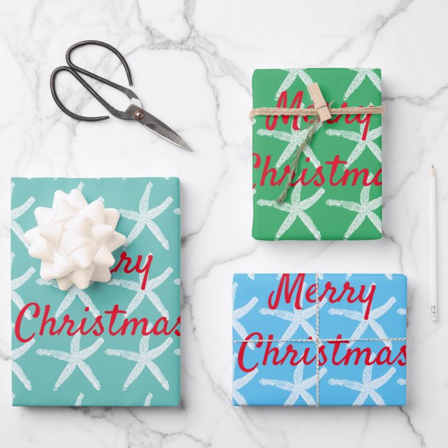 Merry Christmas Starfish Multicolor Nautical Cute  Wrapping Paper Sheets (Front)