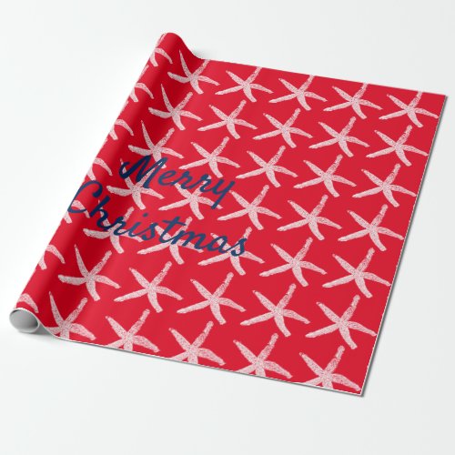 Merry Christmas Starfish Nautical Red White Blue  Wrapping Paper