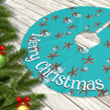 Merry Christmas Starfish On Sea Blue Brushed Polyester Tree Skirt by holiday_store at Zazzle