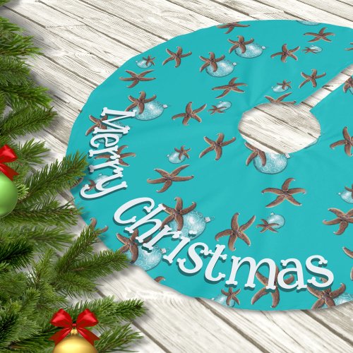 Merry Christmas Starfish on Sea Blue Brushed Polyester Tree Skirt