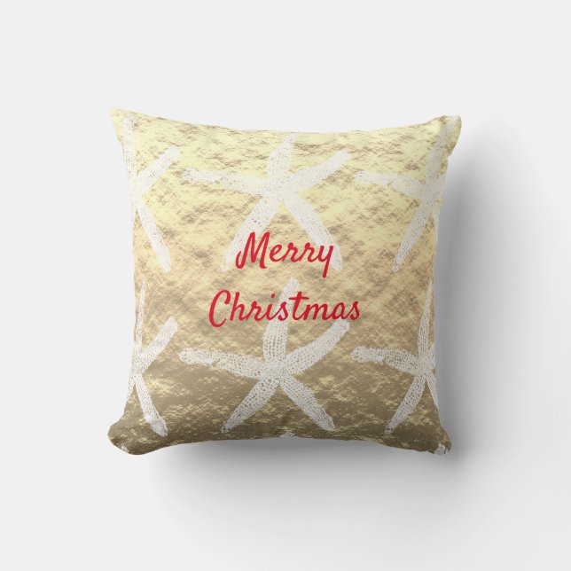 Merry Christmas Starfish Pattern Golden Foil Beach Throw Pillow (Front)