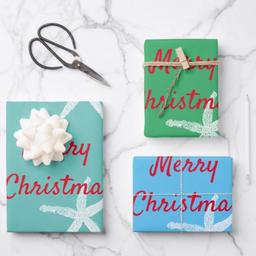 Merry Christmas Starfish Pattern Teal Green 2023 Wrapping Paper Sheets