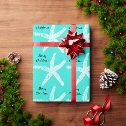 Merry Christmas Starfish Patterns Teal Blue Beach Wrapping Paper