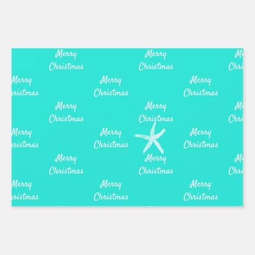 Merry Christmas Starfish Patterns Teal Blue Green Wrapping Paper Sheets
