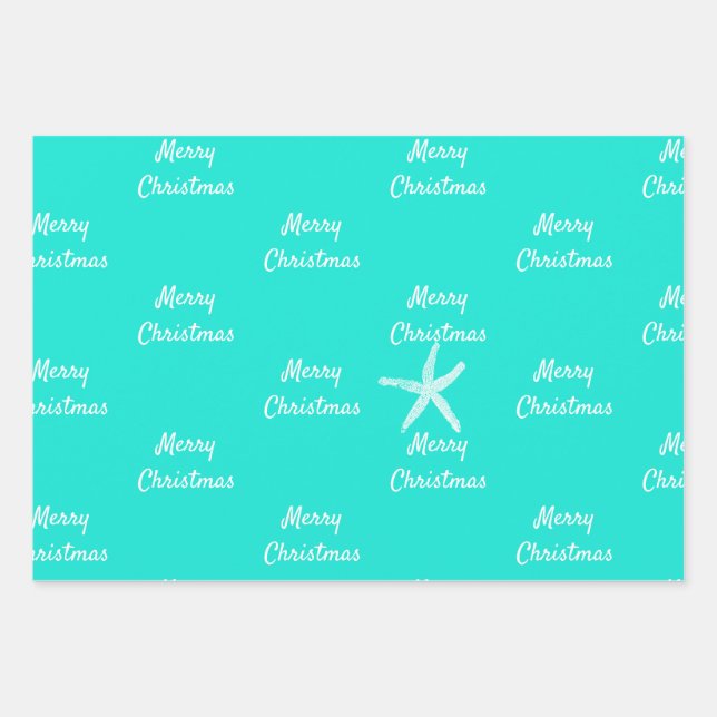 Merry Christmas Starfish Patterns Teal Blue Green Wrapping Paper Sheets (Front)