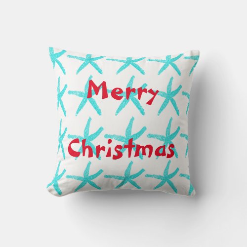 Merry Christmas Starfish Patterns Teal Red Beach Throw Pillow