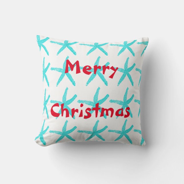 Merry Christmas Starfish Patterns Teal Red Beach Throw Pillow (Front)