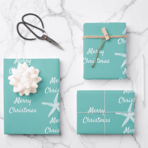 Merry Christmas Starfish Patterns Teal White Beach Wrapping Paper Sheets