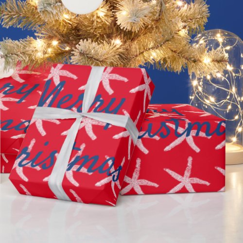 Merry Christmas Starfish Red White Blue Nautical  Wrapping Paper