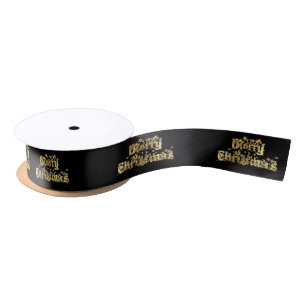 Merry Christmas Starry Black Gold Typography Satin Ribbon