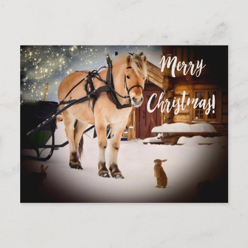 Merry Christmas starry night farm with horse snow Holiday Postcard