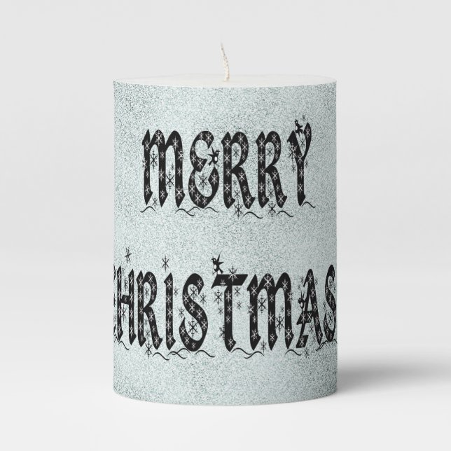 Merry Christmas Starry Night Light Blue Glitter Pillar Candle (Front)