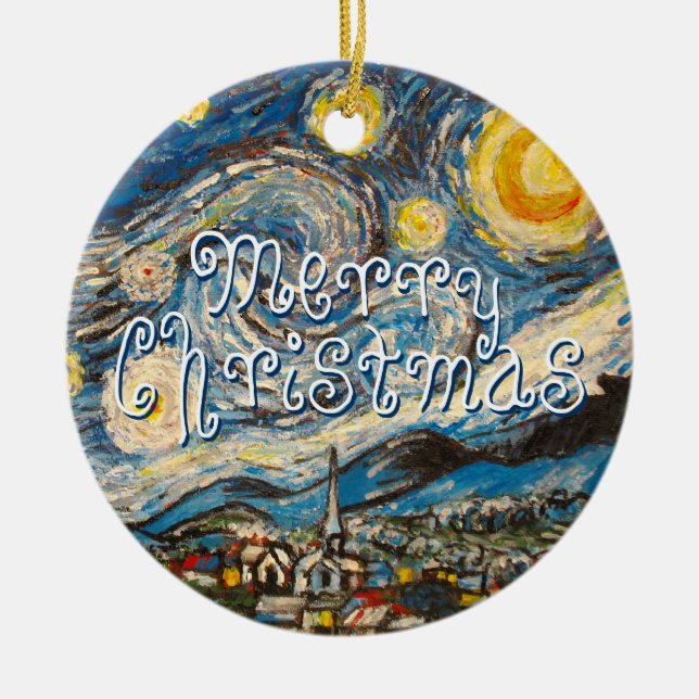 Merry Christmas Starry Night Vincent Van Gogh Ceramic Ornament (Front)