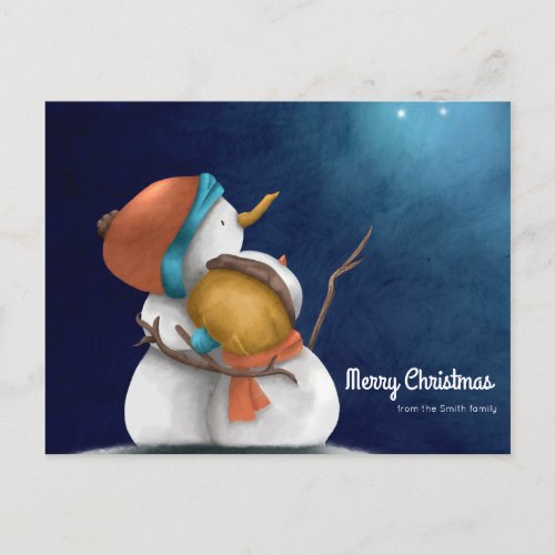 Merry Christmas Starry night with Snowmen hugging Postcard