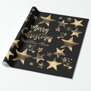 Merry Christmas Stars Black Gold Elegant Script Wrapping Paper