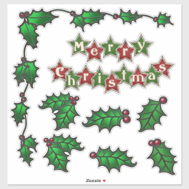 Merry Christmas Stars Holly Berries Border Sticker (Sheet)
