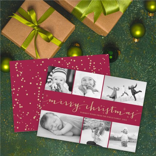 Merry Christmas Stars Maroon Band 6 Photo Collage Holiday Card