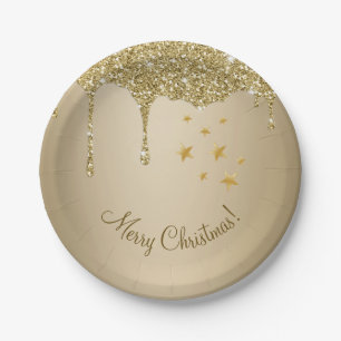 Merry Christmas Stars Melting Gold Glitter Paper Plates